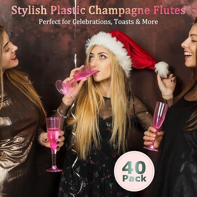 40 Pack Pink Plastic Champagne Flutes Disposable Champagne Glasses, 4.5 Oz Clear Mimosa Glasses Bulk Cocktail Toasting Cups for Party Supplies Wedding Bride Bar, Copas De Plastico Para Brindis
