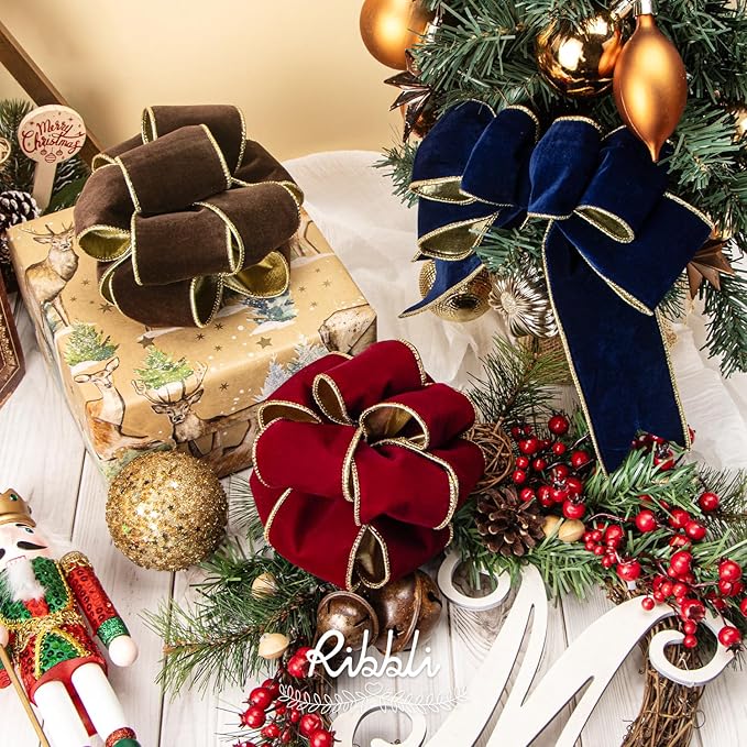 Ribbli Dark Red Velvet Wired Ribbon 2.5 Inch Luxury Matte Velvet Christmas Ribbon for Gift Wrapping Christmas Tree Decoration Crafts Wreaths Supplies - 10 Yards