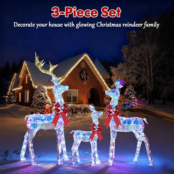 3-Piece Large Lighted Christmas Deer Family Set, 5FT Reindeer Christmas Decoration for Yard, Lawn, Front Porch, Xmas Deer Outdoor Decor with 260 LED Lights, Stakes, Zip Ties - Iridescent