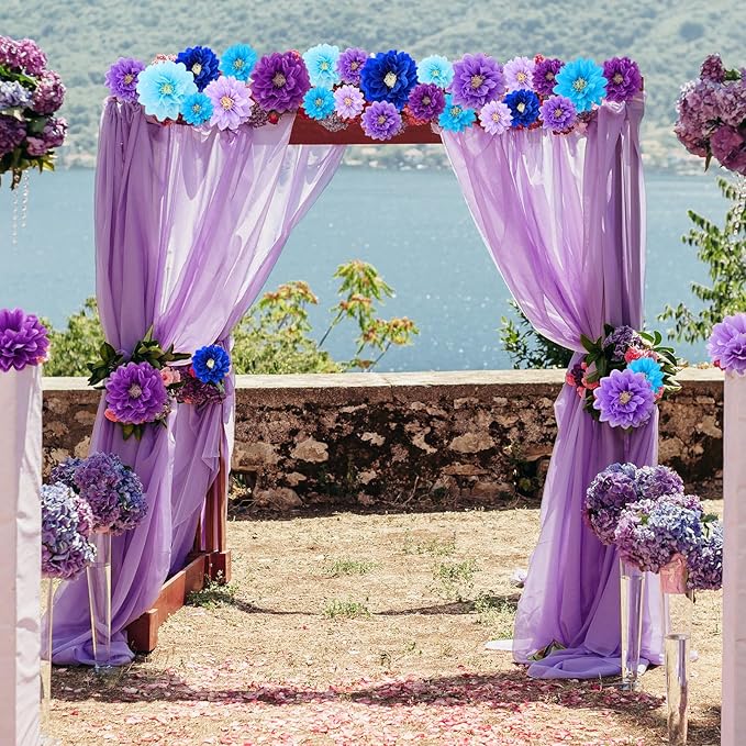Geyee 18 Pcs Mexican Paper Flowers Colorful Fiesta Tissue Paper Flowers Pom Poms Mexican Carnival for Floral Party Backdrop Wedding Birthday Party Craft, 6" 8" 10"(Blue Purple Series)