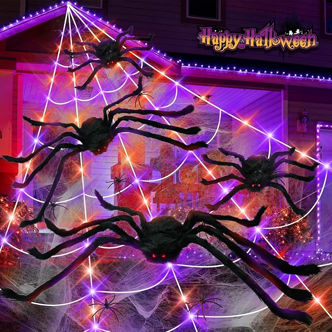 23Ft Light Up Spider Web Halloween Decorations Outdoor, 180 Orange and Purple LED Giant Web, 24 Spiders & 60g Stretch Cobweb Decor, 8 Modes Scary Lights for Outdoor Yard