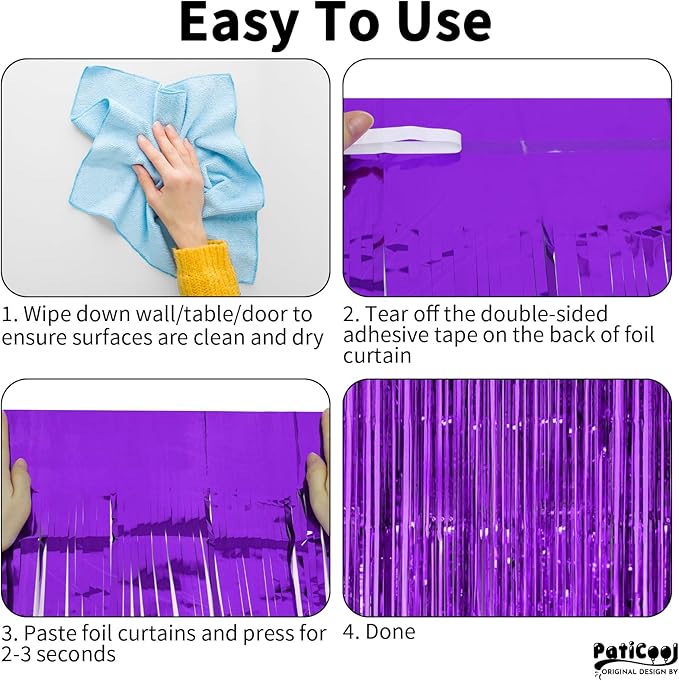 Halloween Decorations Purple Streamers - Thicken 4 Pack 3.2 x 8.2 FT - Purple Tinsel Foil Fringe Curtains, Photo Booth Props Backdrops for Birthday, Halloween, Graduation Party Decorations