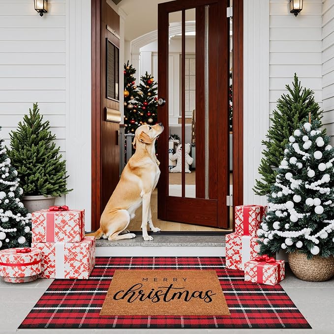 KIMODE Christmas Door Mats Outside 27.5"x43", Red and Black Buffalo Plaid Rug, Farmhouse Christmas Front Door Mat, Washable Reversible Outdoor Christmas Decor for Front Porch, Entryway, Kitchen