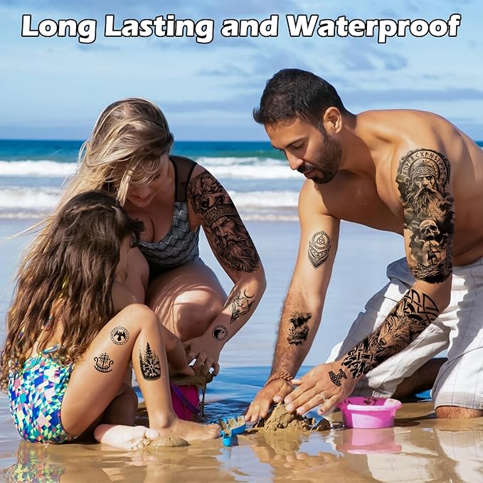 77 sheets Viking Temporary Tattoos Adult, Nordic Celtic Tattoos, Totem Tribal Fake Tattoo Stickers for Viking Costume, Nordic Norse Yggdrasil Valknut Fake Arm Tattoos for Women Men Kids