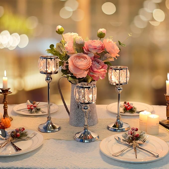 Set of 3 Cup Crystal Tealight Candle Holders, Centerpieces for Table Wedding Centerpieces Crystal Decorative Tealight Candle Dining Table Candle Holder Decor for Party (Set of 12 (3 Sizes), Silver)