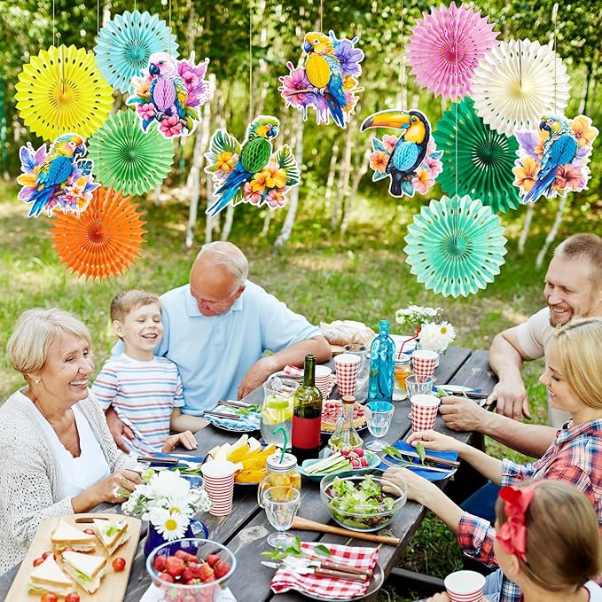 Tropical Party Decorations, Hawaiian Party Decor, with Paper Parrots Honeycombs and Hibiscus Flower Banner, Party Tissue Paper Pompoms for Summer Luau Tiki Jungle Themed Decorations