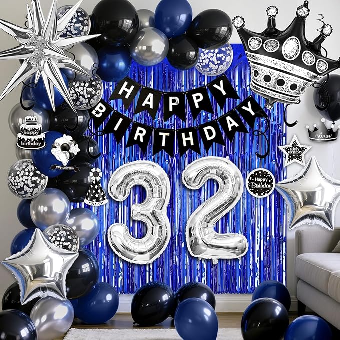 32nd Birthday Decorations for Men and Women, Black Blue Silver Happy Birthday Number 32 Balloons, Banner, Fringe Curtains Garland Kit - 32 Year Old Party Supplies