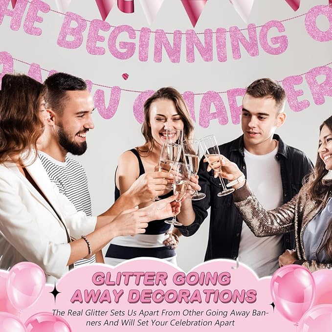 Fulmoon Pre Strung the Beginning of a New Chapter Banner, Glitter Graduation Party Decorations, Happy Retirement Supplies, Going Away Farewell New Home Job Change Party Sign Garland(Pink)