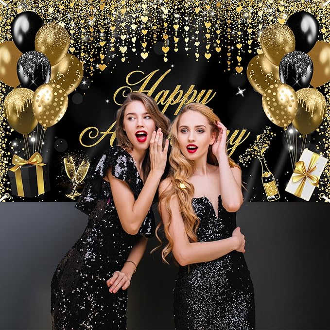 Avezano Happy Anniversary Banner Decorations for Wedding, Bridal Shower, Party - 70.8 x 43.3 Inch (Black and Gold)