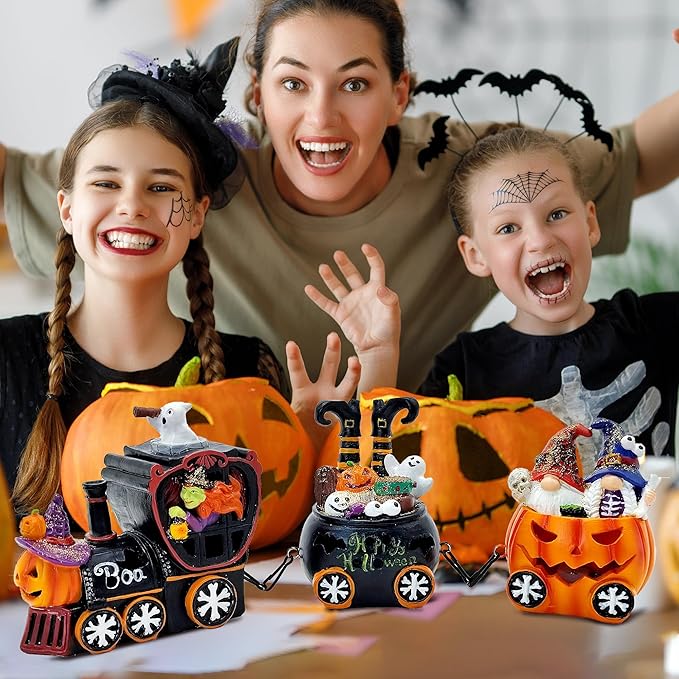 Hexagram Halloween Table Decorations Indoor, Lighted Halloween Witch Train Decor for Tabletop Figurines, Halloween Centerpieces Decorations for Home, Light Up Gnomes Decorations