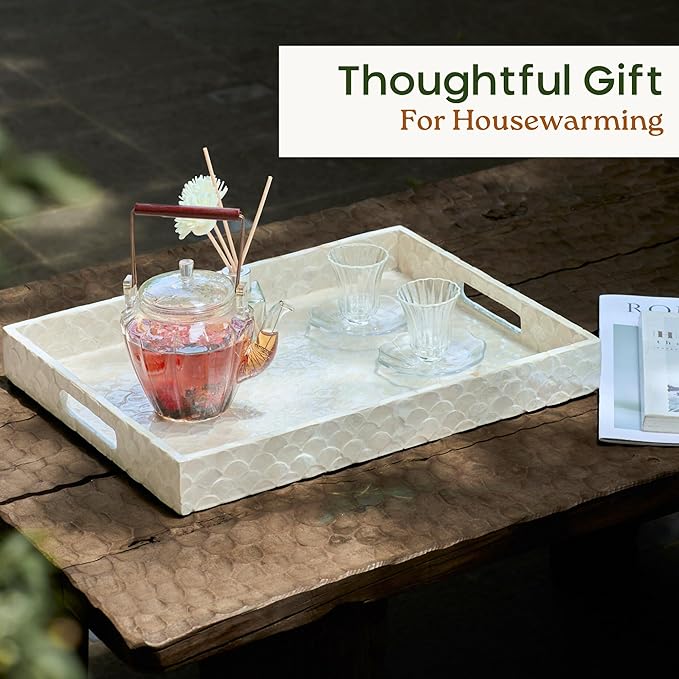 Rectangular Tray, Handmade Capiz Mother of Pearl Decorative Tray with Handles for Coffee Tables, Ottoman, Bathroom, Vanity or Kitchen, Coastal Boho Home Decor, White, 15.8β x 11.8β x 1.8"
