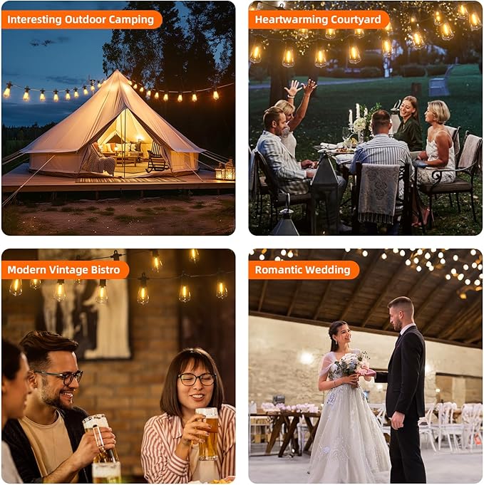 Kawaya Solar Powered String Lights: 50 FT LED Outdoor Patio Hanging Lights With 25+2 Edison Bulbs - USB-Charging - IP65 Waterproof