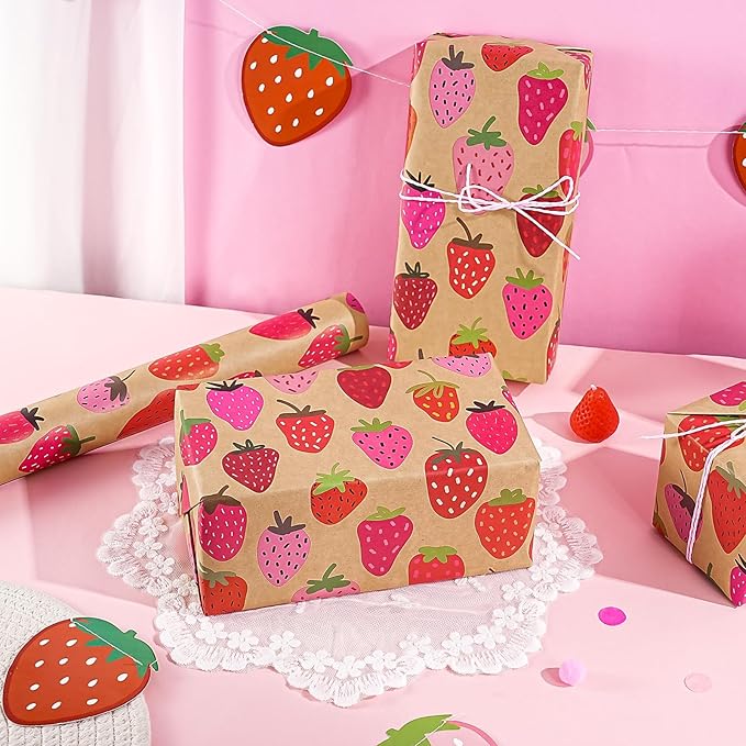 WRAPAHOLIC Kraft Strawberry Wrapping Paper Roll - Mini Roll - 17 Inch x 16.5 Feet - Sweet Strawberry Fruits Wrapping Paper for Summer, Birthday, Wedding, Bridal Shower
