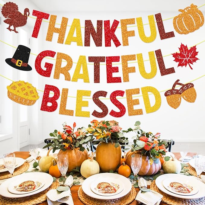 Thankful Grateful Blessed Banner Thanksgiving Party Decorations Autumn Turkey Pumpkin Maple Leaves Happy Fall Friendsgiving Harvest Day Party Supplies