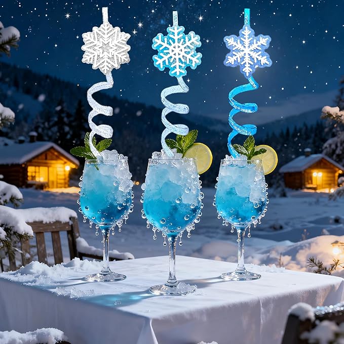 LEDUO Reusable Frozen Drinking Straws-24Pcs Glitter Snowflake Plastic Straw Party Favors-Frozen Party Decoration -Winter Snow Birthday Party Decor Supplies-Christmas Goodie Bag Stuffer Classroom Prize