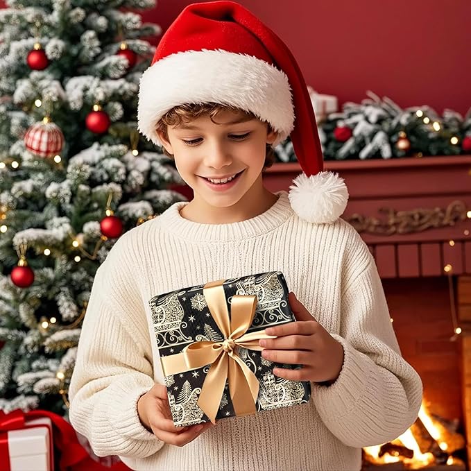 WRAPAHOLIC 30 Inch Jumbo Reversible Black and Gold Christmas Wrapping Paper - 30 Inch x 100 Feet Jumbo Roll Black Gold Sleigh and Stripe Wrapping Paper with Metallic Foil for Christmas, Holiday, Party