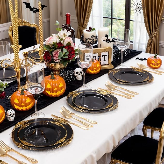 125PCS Black and Gold Plastic Plates - Black Disposable Dinnerware Set - Vintage Plastic Plates with Gold Silverware for 25 Guests for Wedding Party Halloween
