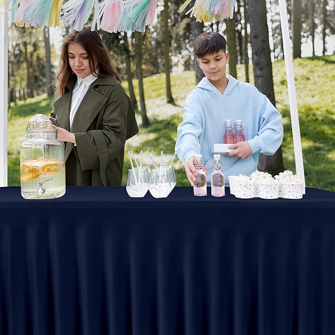 HolidayIdeas 4ft Spandex Tablecloth 2 Pack Fitted Stretch Table Skirts 24x48 Inch,Navy Blue Ruffle Design Wrinkle-Free Polyester Table Cover for Vendor Booth, Parties Banquets, Events