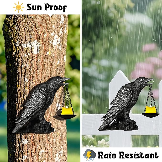 Halloween Decorations Outdoor Indoor Gothic Crow Wall Decor Table Candle Holder Raven Tealight Statue for Yard Patio Garden Bedroom Wearing Silver