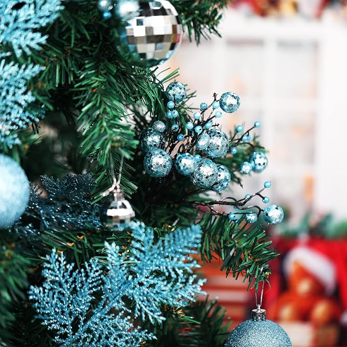 Sratte 94 Pcs Christmas Tree Decorations Set, Christmas Tree Ball Ornaments Glitter Poinsettia Flowers Decorations Glitter Berries Stems for Xmas Holiday Wedding(Blue)