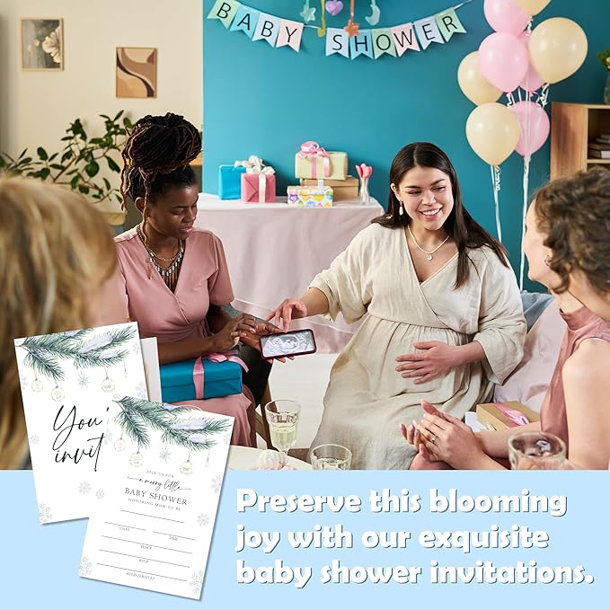 4'' x 6'' A Merry Little Baby Shower Invitations - Set of 25 Snowflake Invited Cards with Envelopes - Baby Announcement Invites for Boys & Girls, Winter Gender Reveal Party Supplies & Decor - A01