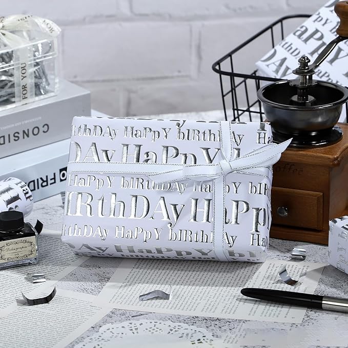 WRAPAHOLIC 3D Kraft Birthday Wrapping Paper Roll - Mini Roll - 17 Inch x 16.5 Feet - Silver and White Happy Birthday Lettering Design with Embossed Perfect for Holiday, Party Celebration