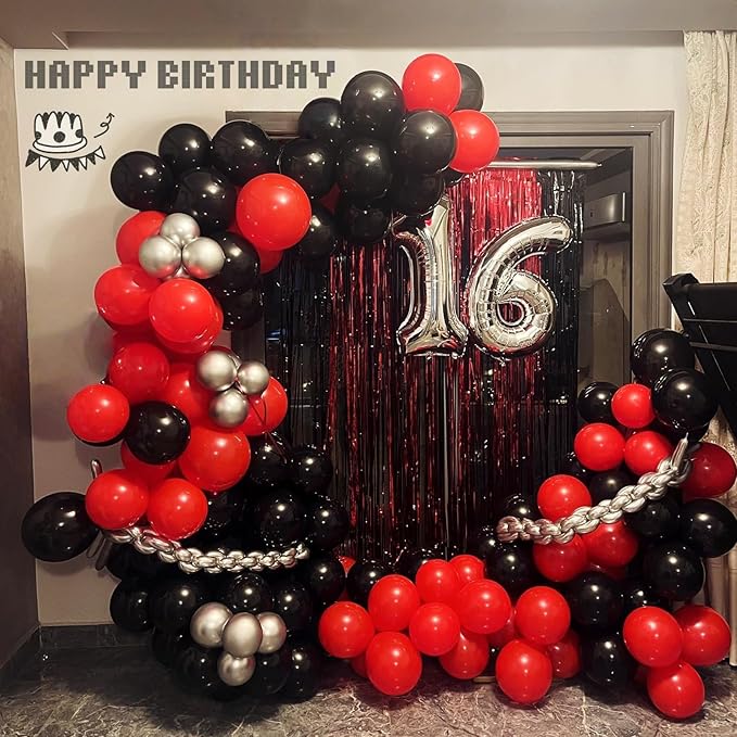 Black Red Balloons, 12 Inch Black Red White and Silver Latex Balloons with Confetti Balloon Party Decoration for Cartoon Birthday Race Car Game Theme Graduation Halloween Party Supplies