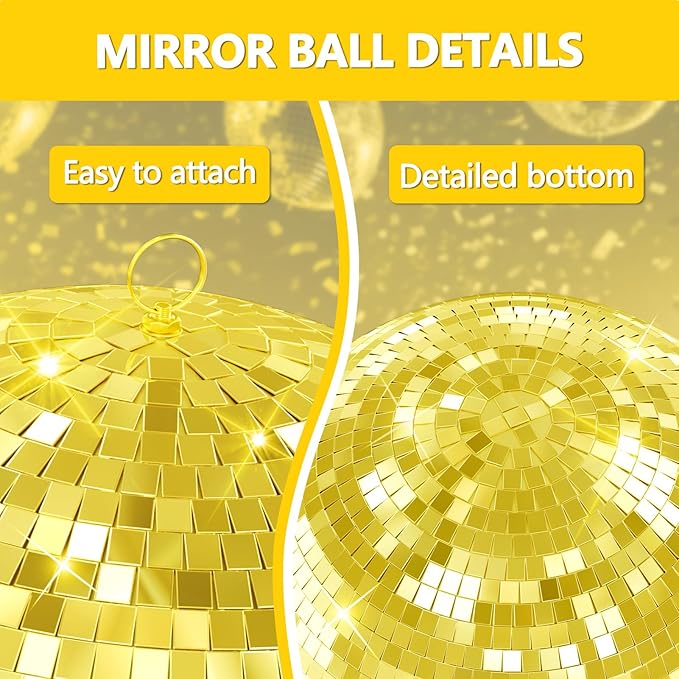 16 inch Gold Disco Ball, Hanging Mirror Disco Ball, Christmas Decoration Disco Light Ball, Stage Lighting Effect, 12/16/20 inch Home,Stage and Bar Glittering Party Decoration (16inch-Gold)