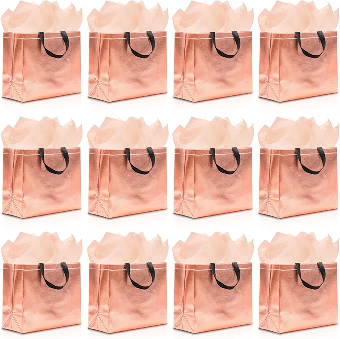 KeerxunBag 12Pcs Reusable Gift Bags(Includes Tissue Paper) Gift bag with handle Birthdays Parties Holidays Weddings Medium 13x5x11in Rose Gold Bags