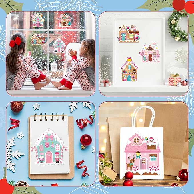CY2SIDE Christmas Gingerbread House Stickers - 40PCS Pink Gingerbread House Make a Face Sticker Sheets for Kids School Reward, DIY Santa Claus Sticker Game Xmas Winter Party Favor for Home Fun Project