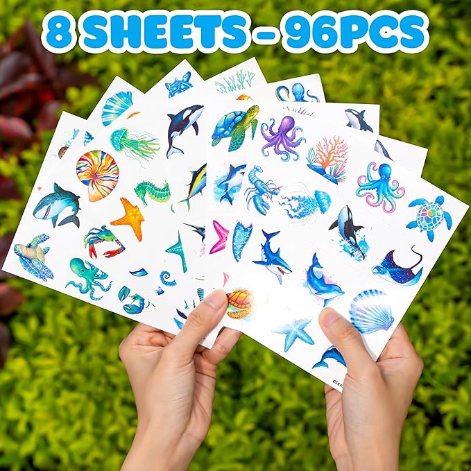 96 PCS Ocean Sea Animal Shark Whale Fish Pre-Cut Temporary Tattoos for Kids | Super Cute Themed Birthday Party Favors, Supplies, Decorations, Fake Tattoo Stickers (Multiple)