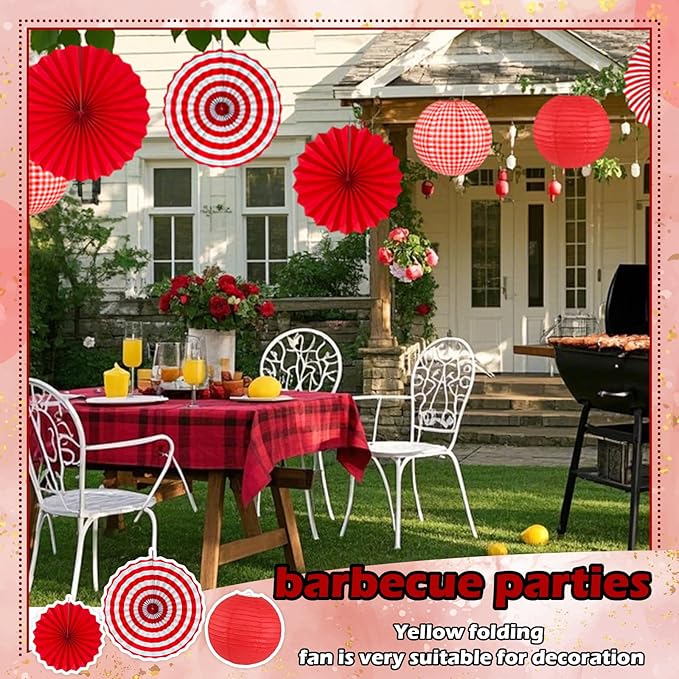 15Pcs Red Party Decorations Supplies Set, Hanging Red Paper Lanterns Paper Fans for Home Decor Birthday Wedding Graduation Picnic BBQ Baby Shower Pizza Party