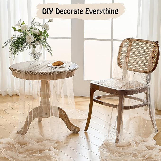 Fanami 1 Pack Pearl Table Runner -10FT Champagne Gold Boho Tulle Table Runners 120 Inches Long Rustic Sheer Lace Fabric Centerpieces for Wedding Arch Birthday Party Bridal Veil Baby Shower Decorations