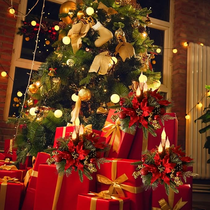 Christmas Decorations,Christmas Floral Arrangement Centerpiece for Table, Golden Flameless Candles Red Poinsettia Flower Golden Pine Cones Berries and Ball Ornaments Holiday Winter Decorations