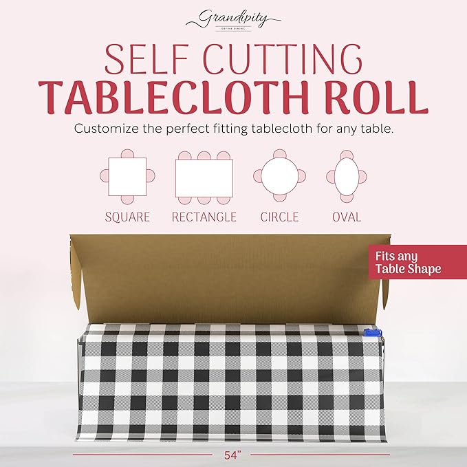 Grandipity Plastic Tablecloth Roll - 54in x 300 Ft. Black Gingham Plastic Table Cloths Disposable with Cutter Box - Cut to Size Disposable Tablecloth Table Cover for Rectangle & Round
