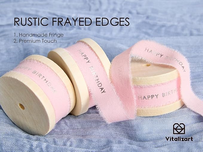 Vitalizart Happy Birthday Cotton Ribbon 5/8 Inch Natural Handmade Frayed Fringe Ribbons 15 Yd for Birthday Gift Wrapping Crafts Flower Bouquets Decor