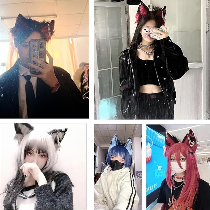 Wolf Ears Tail Set Fox Wolf Headbands Clips Fluffy Cosplay Costumes, Gothic Punk Accessories for Halloween
