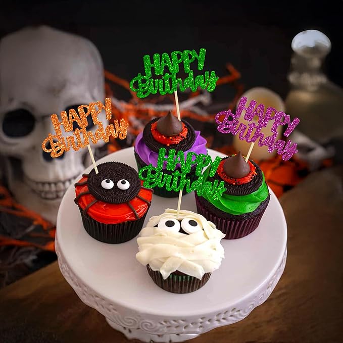 Gyufise 24Pcs Happy Birthday Cupcake Toppers Glitter Birthday Cupcake Food Picks for Celebrating Happy Halloween Theme Party Cake Decorations Supplies Orange Green Purple