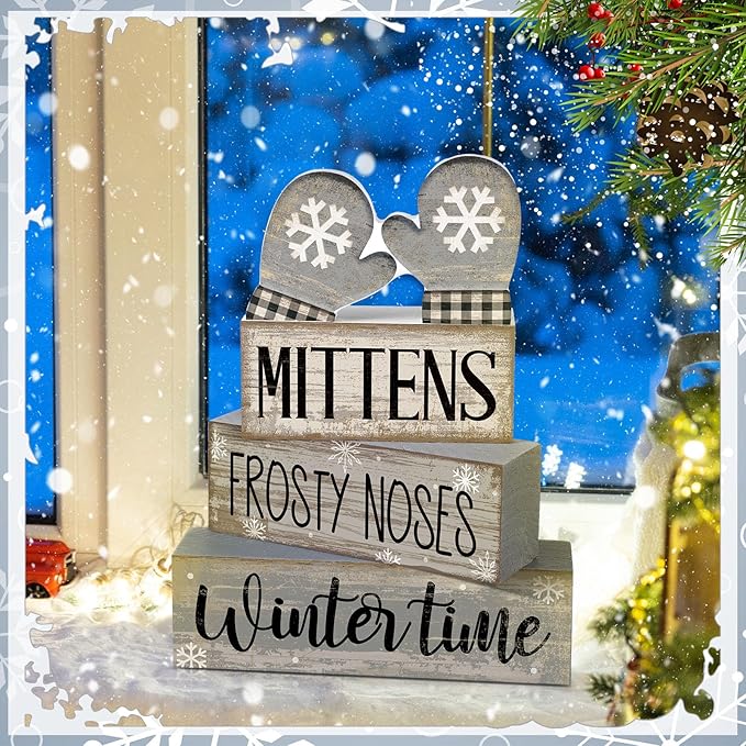4 Pcs Christmas Table Decorations Wooden Gloves Decor Winter Tiered Tray Decor Rustic Snowflake Block Signs Gift Farmhouse Christmas Centerpiece for Winter Wonderland Party Kitchen Home