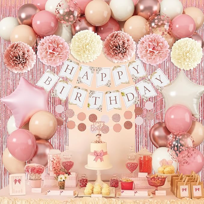 Pink Birthday Decorations for Women, Boho Dusty Pink Rose Gold Blush Beige Latex Balloons Happy Birthday Banner Foil Fringe Curtain Tissue Paper Pompom for Woman Girls Party Decoration Supplies