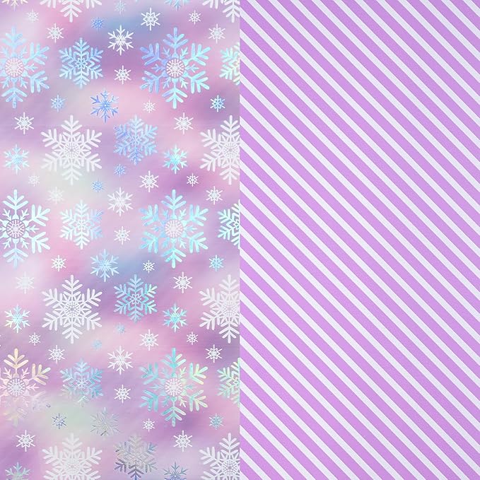 RUSPEPA Christmas Reversible Wrapping Paper Roll for Girls, Mini Roll, Colorful Foil Pastel Snowflake Design and Purple Stripes Dreamy Gift Wrap for Christmas Gifts, Holiday, 17 Inches x 32.8 Feet