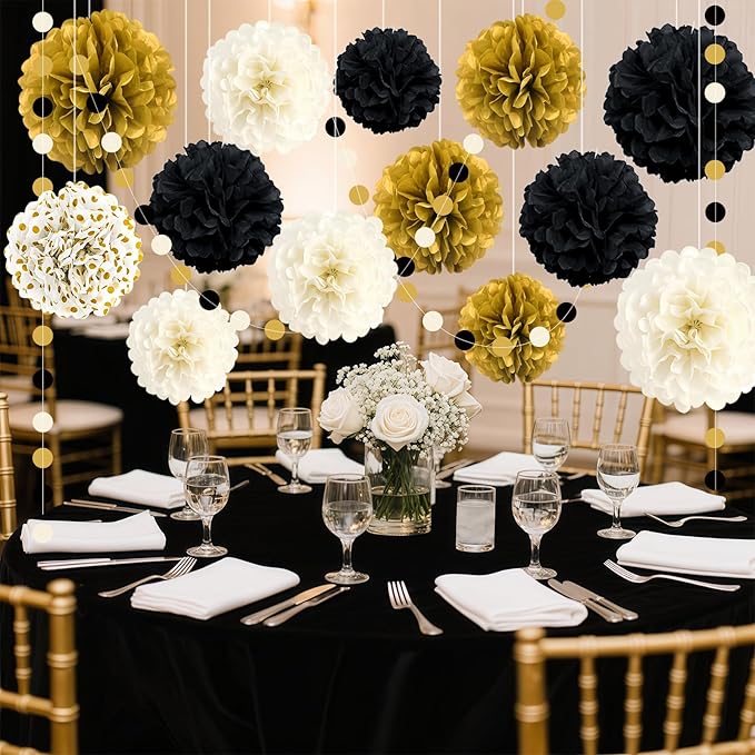 Black and Gold Party Decorations, 16 PCS Tissue Paper Pom Poms Dots Paper Garland Kit for New Year Party, Graduation, Wedding, Birthday, Engagement, Baby Shower, Retirement Party Decor