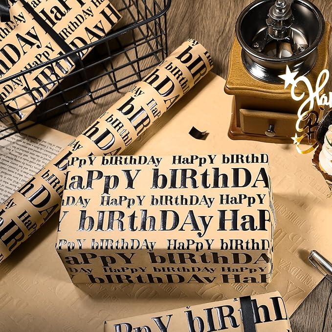WRAPAHOLIC 3D Kraft Birthday Wrapping Paper Roll - Mini Roll - 17 Inch x 16.5 Feet - Black and Brown Happy Birthday Lettering Design with Embossed Perfect for Holiday, Party Celebration
