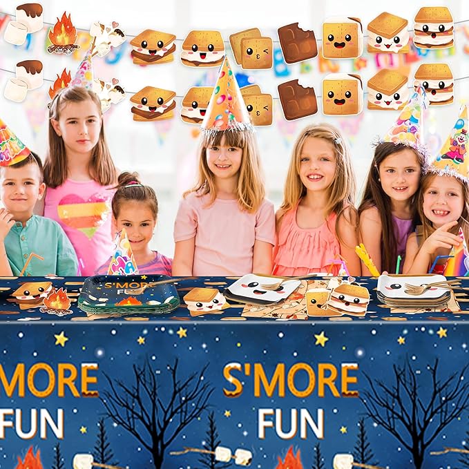 S’Mores Camping Party Decoration - Serves 24 - 112Pcs - S’More Love Fun Party Supplies, Campfire Disposable Plate Napkin Forks Tablecloth Banner Card, for Kid Camper Birthday Baby Shower