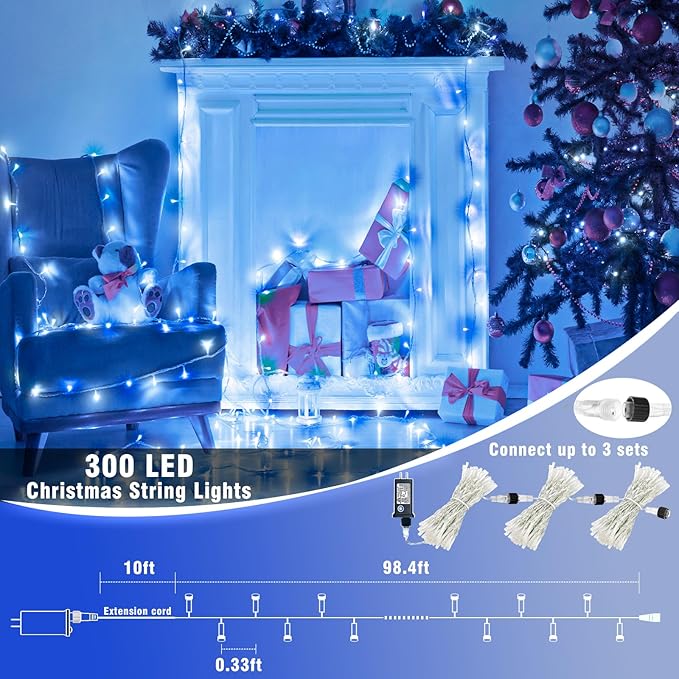 Vivideal 300 LED Christmas Lights Outdoor, 100ft Christmas String Lights 8 Modes Plug in Waterproof Fairy Lights with Timer Memory for Indoor Outside Bedroom Home Party Decoration, Blue&White