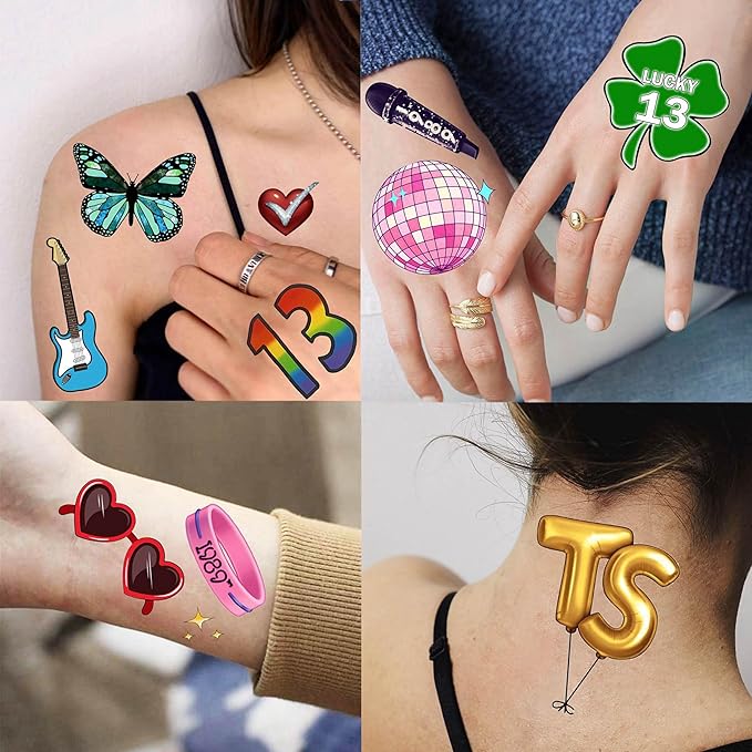 58+ PCS Concert Tour Temporary Tattoos For Fan Women Girls Adults, 3D Disco Fake Hand 13 Face Tattoo Stickers Men, Cartoon Cat Guitar Party Favor Supplies Festival Rave Accessories Decorations
