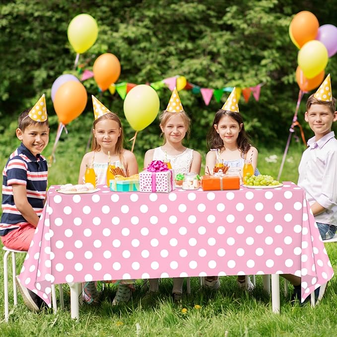 WNINK 2 Pack Light Pink and White Polka Dot Tablecloths, Pink Disposable Plastic Table Cover for Birthday, Wedding, Bachelor, Pink Girl Party, and Picnic Camping Parties 54" x 108"