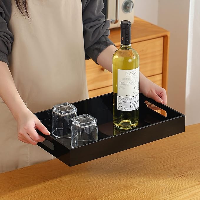 Black Oversize Acrylic Serving Tray with Handles 10x15 Inch -Spill Proof- Decorative Trays Countertop Organizer for Ottoman,Nightstand, Sidetable, Butler (10X15 Inch, Black)