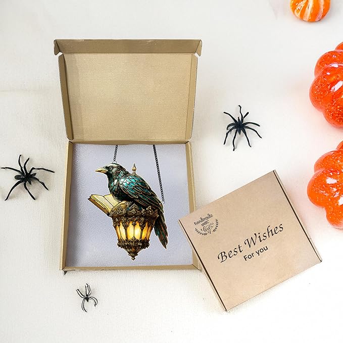 Gothic Halloween Crow Decoration, Raven Lamp Acrylic Suncatcher, Black Bird Window Hanging Ornament, Witchy Spooky Sun Catcher Gift for Women, Friends, Bird Lovers, Halloween, Fall, Christmas Décor