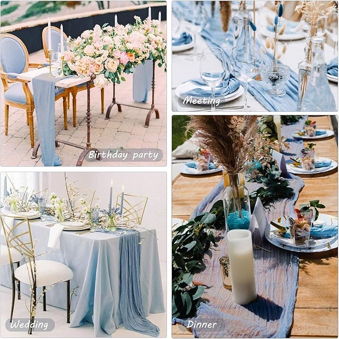 24 Pack Dusty Blue Cheesecloth Table Runner, 35x120 Inch Boho Gauze Table Runner 10ft Rustic Sheer Cheese Cloth Table Decor for Wedding Baby Bridal Shower Birthday Party Table Decoration